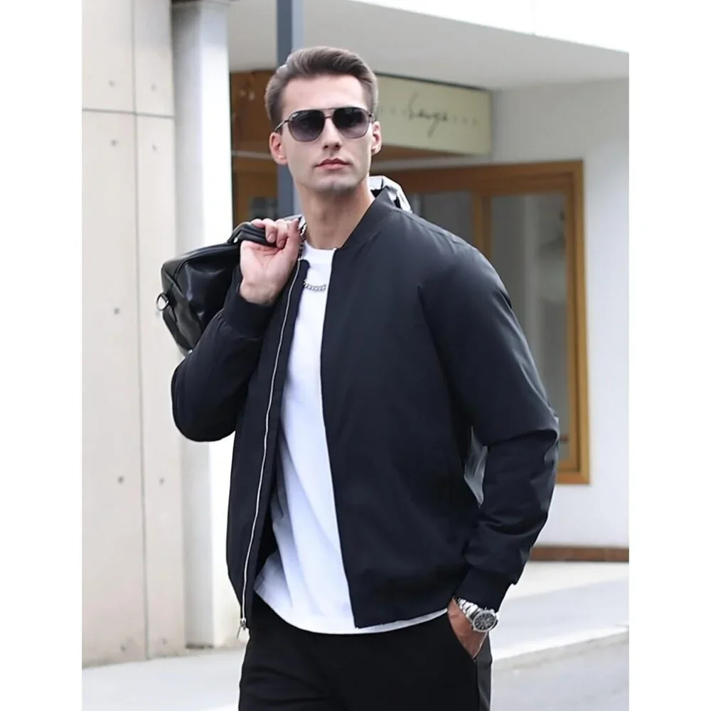 Men's Navy Zipper Spring Windproof Water Resistant Winter Warm Bomber Jacket - Picture 3 of 7